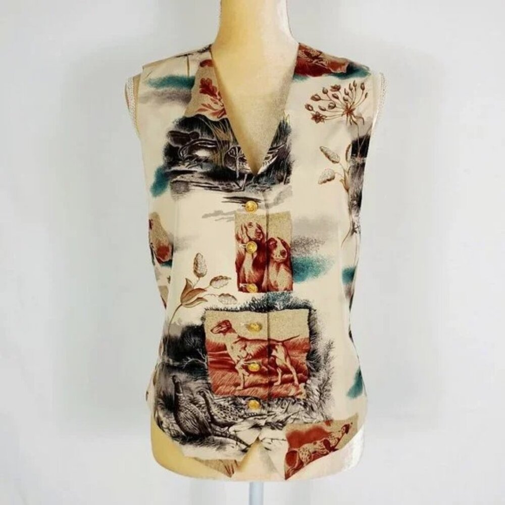 Vintage Liz Claiborne 90s Silk Print Button Front Waistcoat Vest